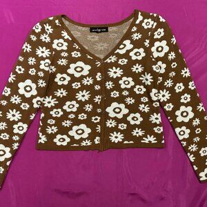 Social Scene Brown Floral Knit Cardigan Sweater XL Retro Daisy Button Front